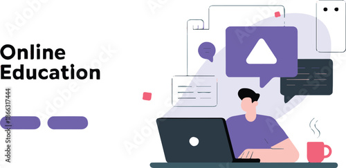 education elearning vector showing student at laptop chat