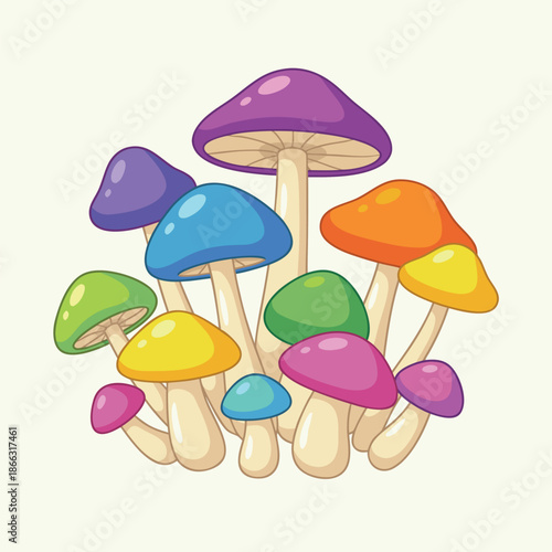 A vibrant cluster of colorful cartoon mushrooms.