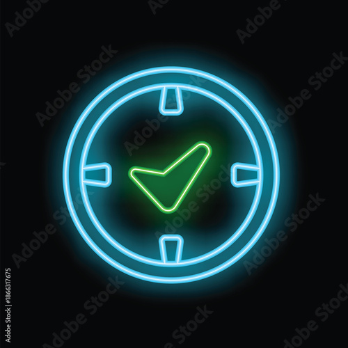 Neon sign of a clock showing a green check mark symbol, on a black background