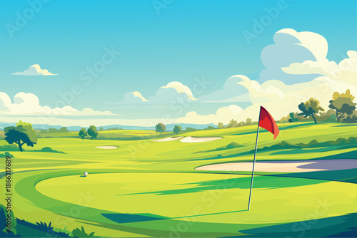 Cartoon sunny day on a golf course with hills, trees and mountains on the horizon, sport, red flag, golf ball, vector illustration