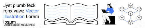 Education, blockchain, technology, remote work, digital literacy, graphic design. Illustration an open book, seated woman with a laptop cube network. Education and blockchain technology