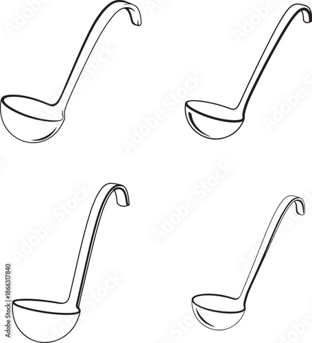 Four identical ladles with long handles and bowls in line art style