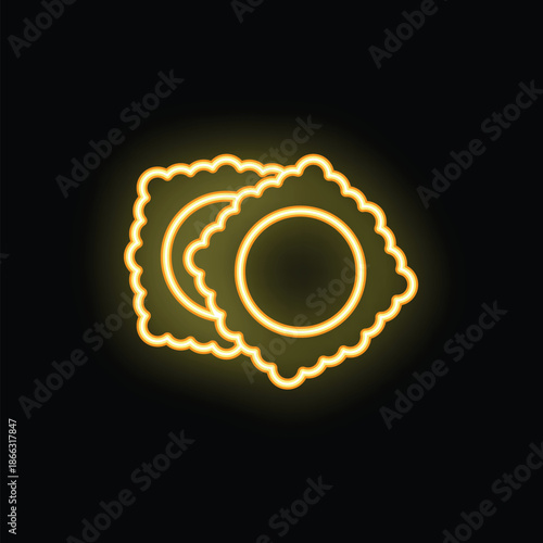 Yellow neon icon of three round ravioli glowing on dark background