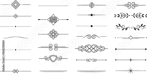 Decorative divider vector set with elegant line art and ornamental borders. Vintage separators, floral accents, whimsical designs, and creative embellishments in black vector resources patterns