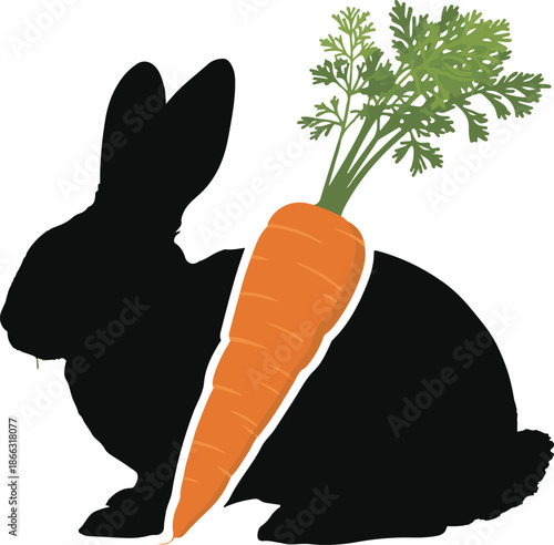 Minimalist Black Rabbit Silhouette with Large Orange Carrot Illustration Isolated on White