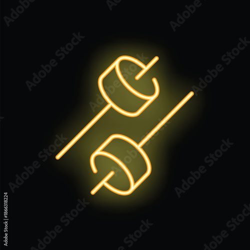 Yellow neon sign depicting two marshmallows roasting on sticks, set against a black background