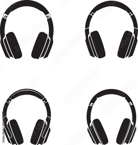 Four solid black headphones on a white background