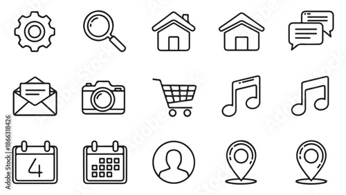Monochrome Line Art Icons for Digital Interface Design