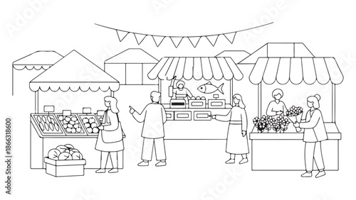 Line Art Illustration of Outdoor Market Scene with Stalls and People