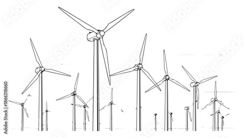 Sketch of Wind Turbines on White Background
