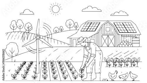 Line Art Farm Scene with Wind Turbine and Solar Panels