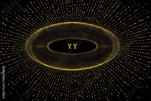 Abstract golden ellipse framed by radiating light particles against a stark black backdrop