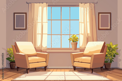 Two cartoon armchairs standing opposite each other in a cozy bright apartment, flowers in pots, paintings on the walls, cozy interior, home furniture, carpet on the floor, paintings, vector