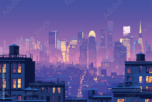 View of the streets of the night city, buildings and skyscrapers in the dark, big city, metropolis, nightlife, burning windows, roofs, evening time, vector illustration
