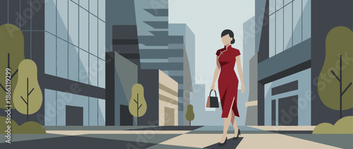 Elegant faceless woman in a red qipao dress walking confidently through a modern cityscape with skyscrapers in a minimalist flat vector illustration style