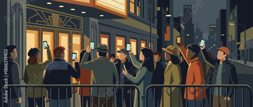 Diverse crowd of people holding smartphones to take photos and videos stands behind a barrier in front of an illuminated theater entrance at night in a modern illustration style