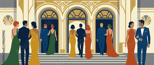 Elegantly dressed couples in formal evening wear walk up the stairs into a luxurious Art Deco style building for a glamorous gala event, a flat vector illustration