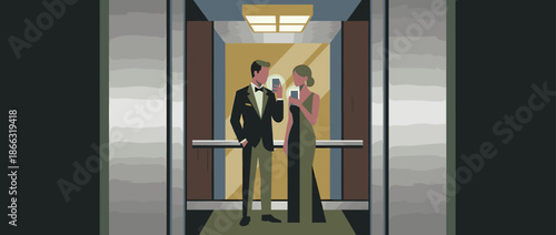 Stylish couple in formal evening wear stand inside a luxurious elevator, absorbed by their smartphones and ignoring each other in a modern flat vector art style illustration