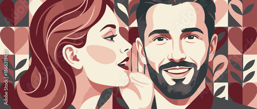 Beautiful woman whispering a romantic secret to a smiling bearded man in a stylized graphic illustration with a geometric heart pattern background for Valentine's Day