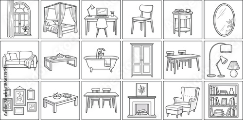 Hand drawn interior furniture illustration grid featuring home decor objects, line art household elements for living room, bedroom, office, and bathroom design concepts