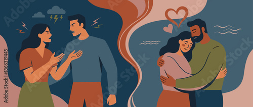 Conceptual illustration of a couple's relationship showing two contrasting scenes of an angry argument and a loving, happy reconciliation in a modern flat vector style