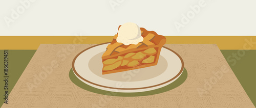 Delicious slice of apple pie with a scoop of vanilla ice cream on top, served on a plate in a cozy, minimalist vector illustration style with a warm color palette
