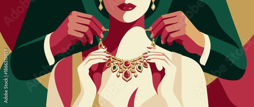 Man's hands carefully placing a luxurious gold necklace with red and green gemstones on an elegant woman's neck in a sophisticated, graphic art deco style illustration