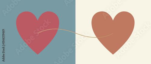 Two minimalist hearts in different colors connected by a delicate golden line on a split background, symbolizing love, empathy, and a strong emotional bond