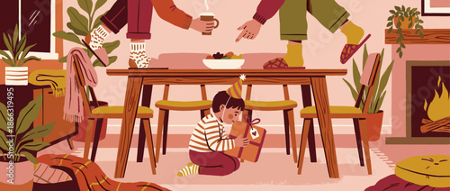 Surreal family celebration illustration with parents standing on a table while their child opens a birthday gift below in a cozy, warm living room