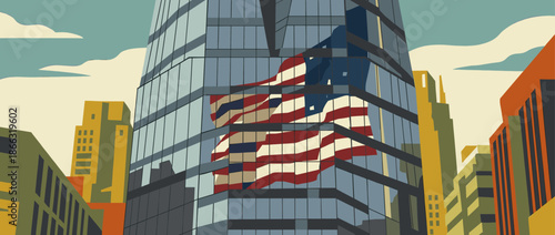 Modern glass skyscraper reflecting a large national flag with stars and stripes in its windows, viewed from a low angle in a stylized urban cityscape illustration