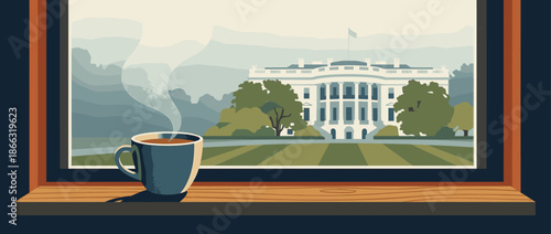 Blue steaming coffee cup on a windowsill overlooking a large white neoclassical government building with a manicured lawn in a flat illustration style