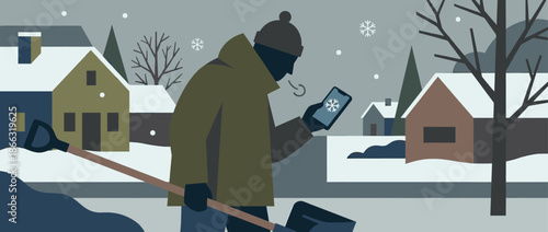 Man in winter clothes holding a shovel checks his smartphone for a weather forecast, a flat vector illustration of a snowy suburban neighborhood scene