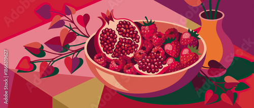 Pomegranate, raspberries, and strawberries in a bowl in a modern, graphic still life illustration with heart-shaped leaves and a vibrant, warm color palette