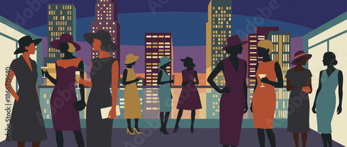 Elegant silhouetted women in stylish dresses and hats socialize at a glamorous rooftop party with cocktails, overlooking a vibrant city skyline at night in a flat vector style