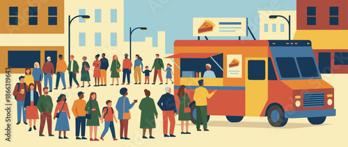 Long line of diverse people waiting to order from a popular food truck selling pie on a bustling city street with buildings in the background, a flat vector illustration