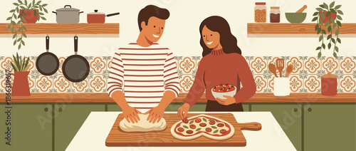 Happy young couple making a heart-shaped pizza together in a cozy, rustic kitchen, a man kneading dough and a woman adding toppings in a warm, romantic flat illustration