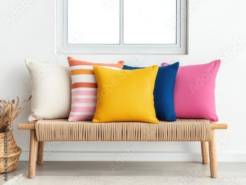 Wallpaper Mural Bamboo bench with woven seat, styled with colorful throw pillows, placed near a glass window, modern cozy decor style Torontodigital.ca