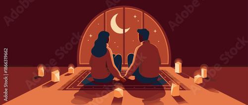 Romantic couple holding hands sitting together on a rug, enjoying a peaceful night view of the moon and stars through a large arched window surrounded by warm candlelight