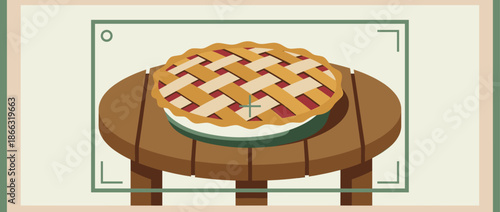 Whole fruit pie with a golden lattice crust is centered on a rustic wooden table in a cozy, minimalist vector illustration with a camera viewfinder frame