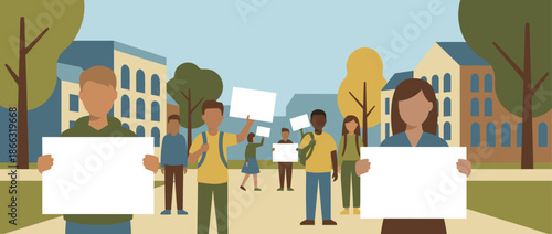 Diverse group of faceless student protesters holding blank white signs during a demonstration on a university campus in a modern flat vector illustration style