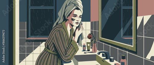 Sad woman in a striped bathrobe wiping her face in a dark, moody bathroom while it rains outside, reflecting a feeling of loneliness and introspection