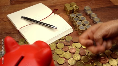 Woman stacking euro coins on a wooden desk, with a piggy bank and notebook symbolizing financial goals and money management