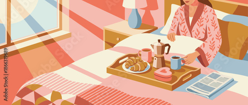 Woman in a pink patterned robe enjoys a cozy breakfast in bed with coffee and croissants on a tray in a sunlit bedroom, a romantic and peaceful morning illustration