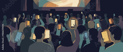 Large illustrated crowd of people viewed from behind, holding up glowing smartphones and tablets to film a performance on a large screen in a dark venue