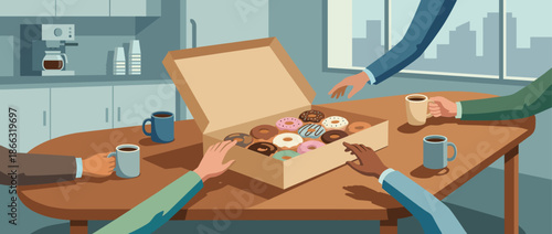 Diverse colleagues in business suits sharing assorted donuts and drinking coffee together during a work break in a modern office with a city skyline view