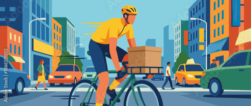 Fast bicycle courier in a yellow shirt and helmet delivers a package through a busy city street with traffic in a modern flat illustration style