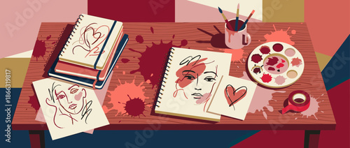Artist's messy wooden desk with sketchbooks, face portraits, a heart drawing, paint palette, and brushes in a creative flat lay illustration