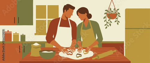 Couple wearing aprons lovingly baking heart-shaped cookies together on a floured wooden table in a cozy kitchen, depicted in a flat, retro illustration style
