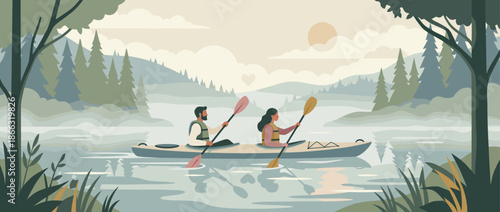 Romantic couple kayaking in a tandem boat on a tranquil lake, paddling together through a serene forest landscape with mountains and a soft sun in a flat vector illustration