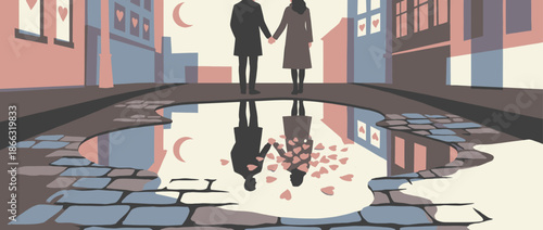 Romantic couple holding hands on a cobblestone street, their reflection in a puddle revealing a surreal shower of hearts symbolizing their hidden love and emotion